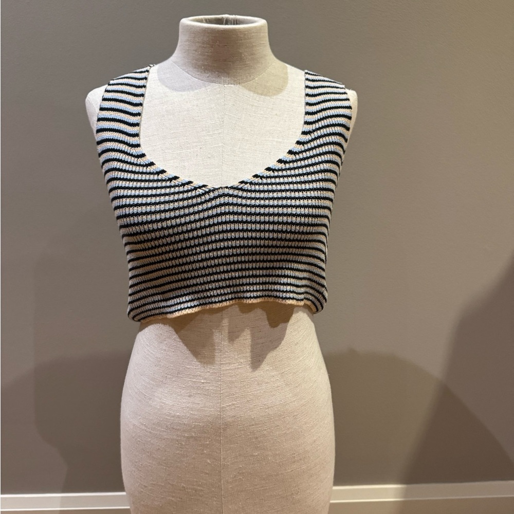 A.L.C. Black cream and blue Striped Crop Top